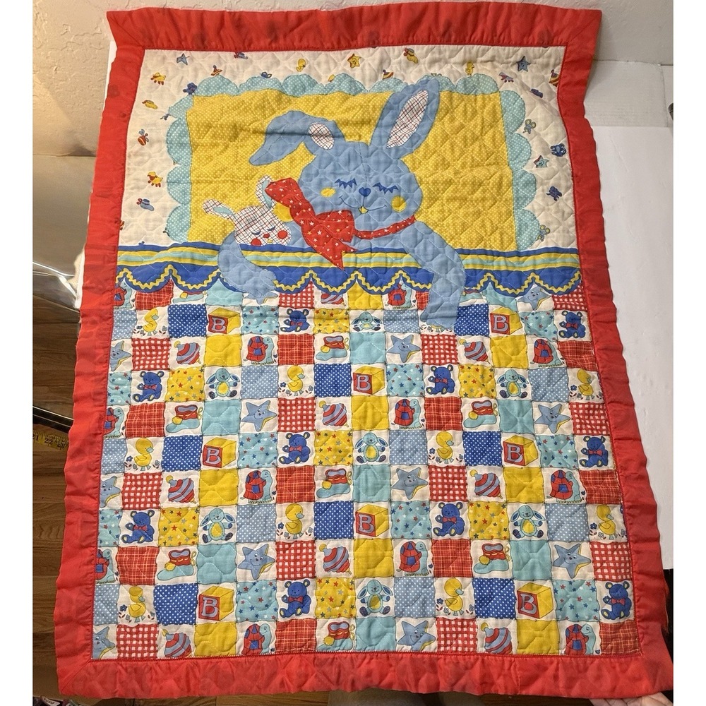 Vintage Handmade Baby Quilt Comforter Blanket Multicolor Animals Blocks Rabbit